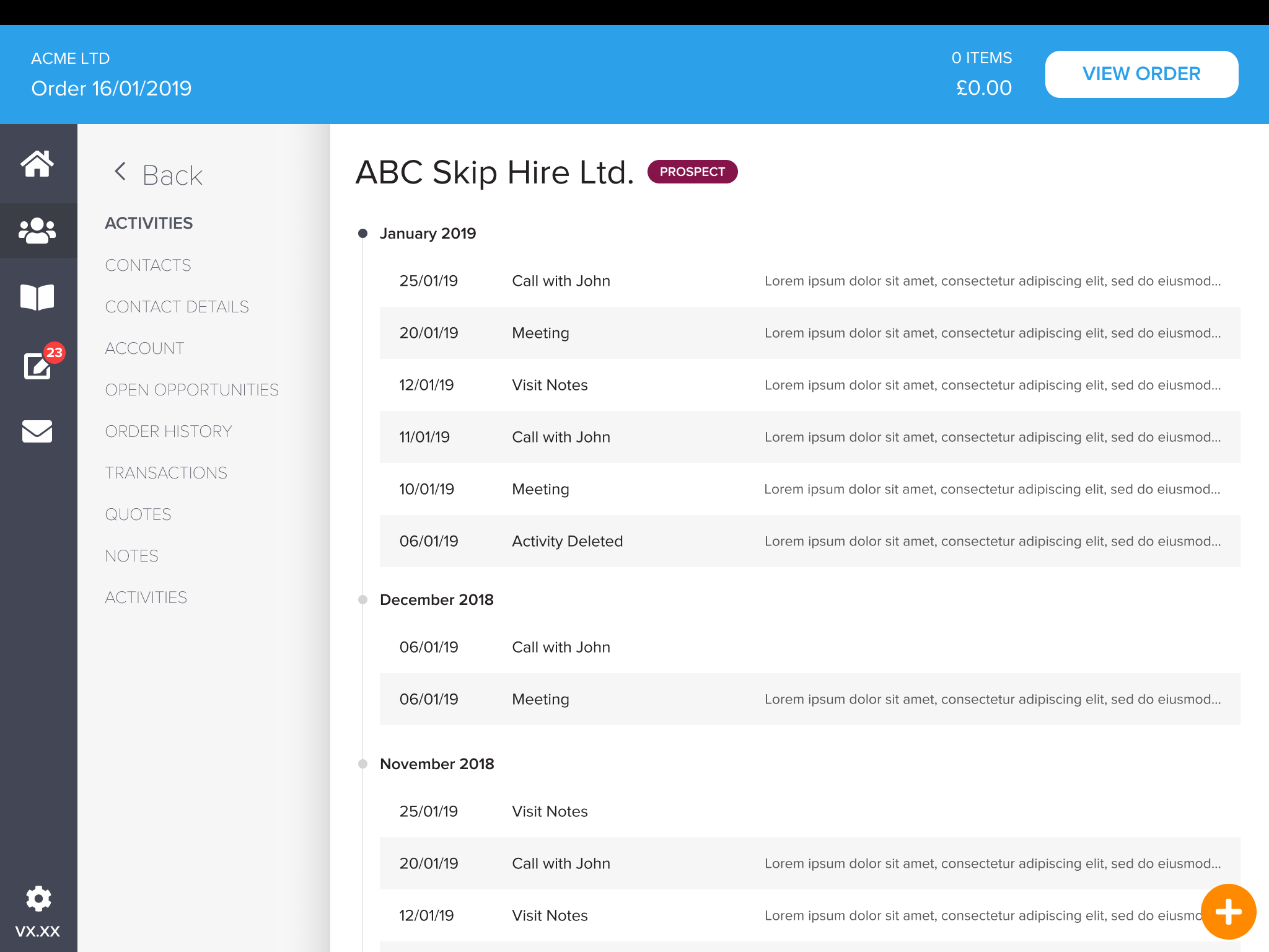 SalesRep customer activity timeline with calls, meetings and visit notes