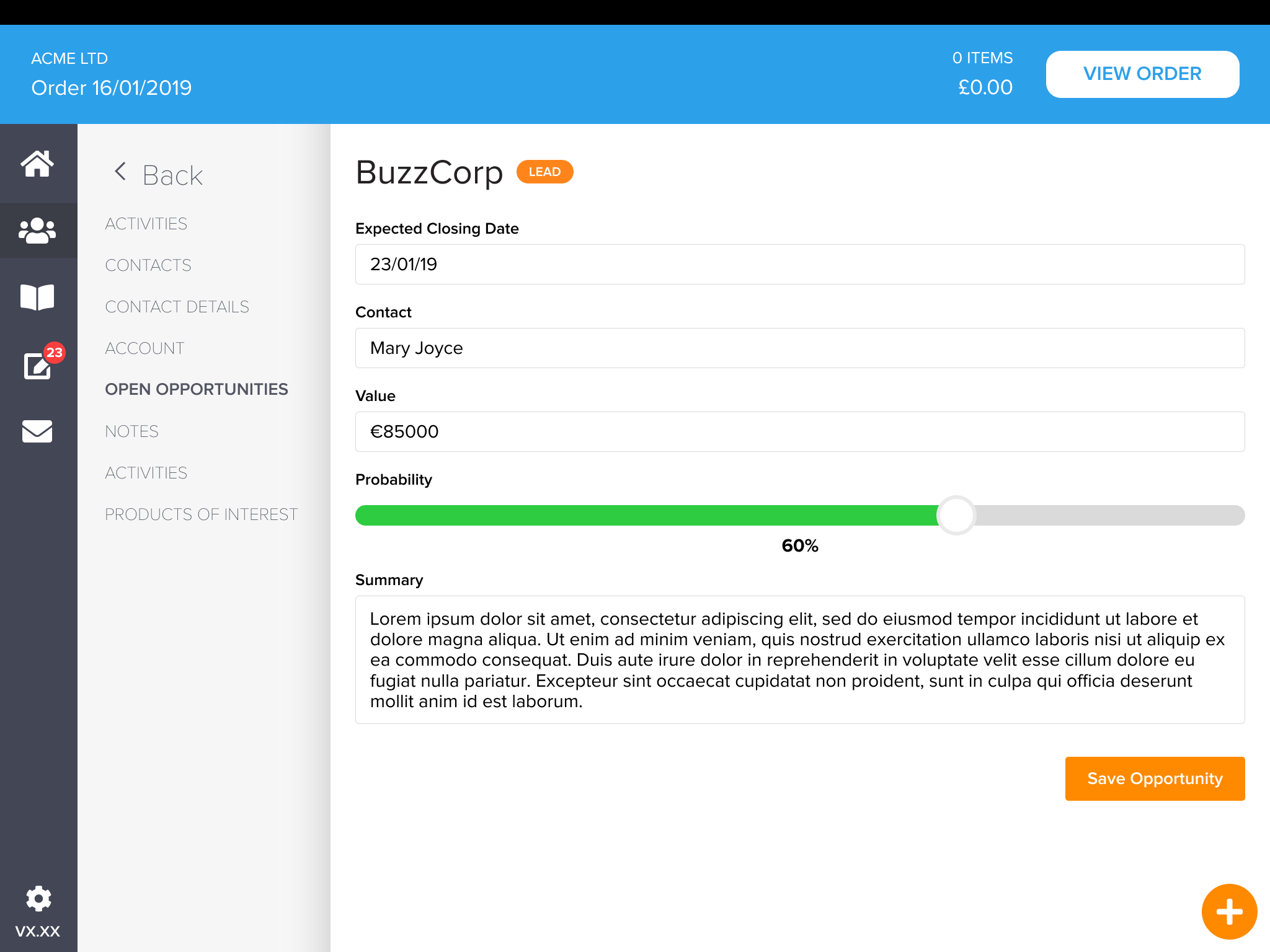 SalesRep opportunity detail for BuzzCorp